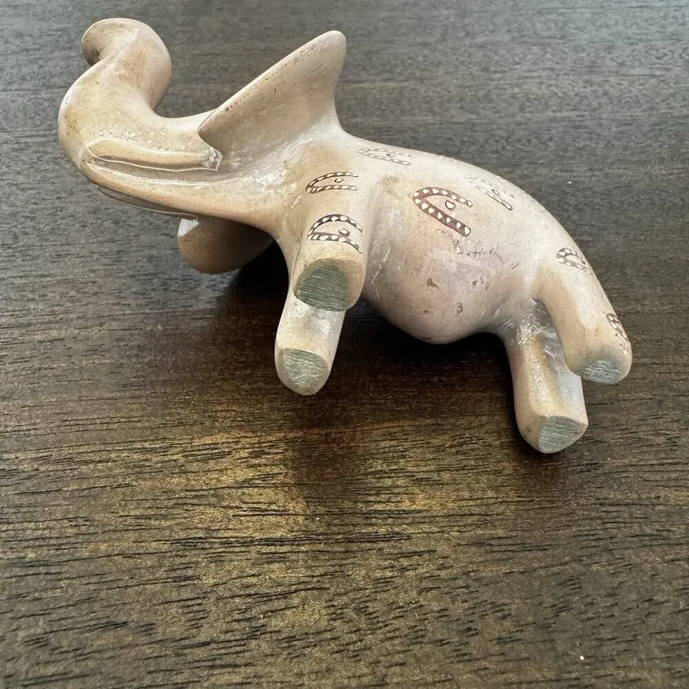 Vintage Hand Carved Soapstone Elephant Figurine Lucky Trunk Up Primitive Etched